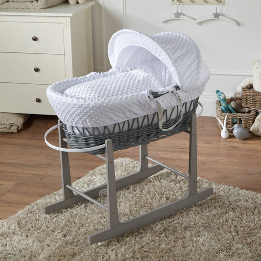 White Dimple Grey Wicker Baby Moses Basket With Stand